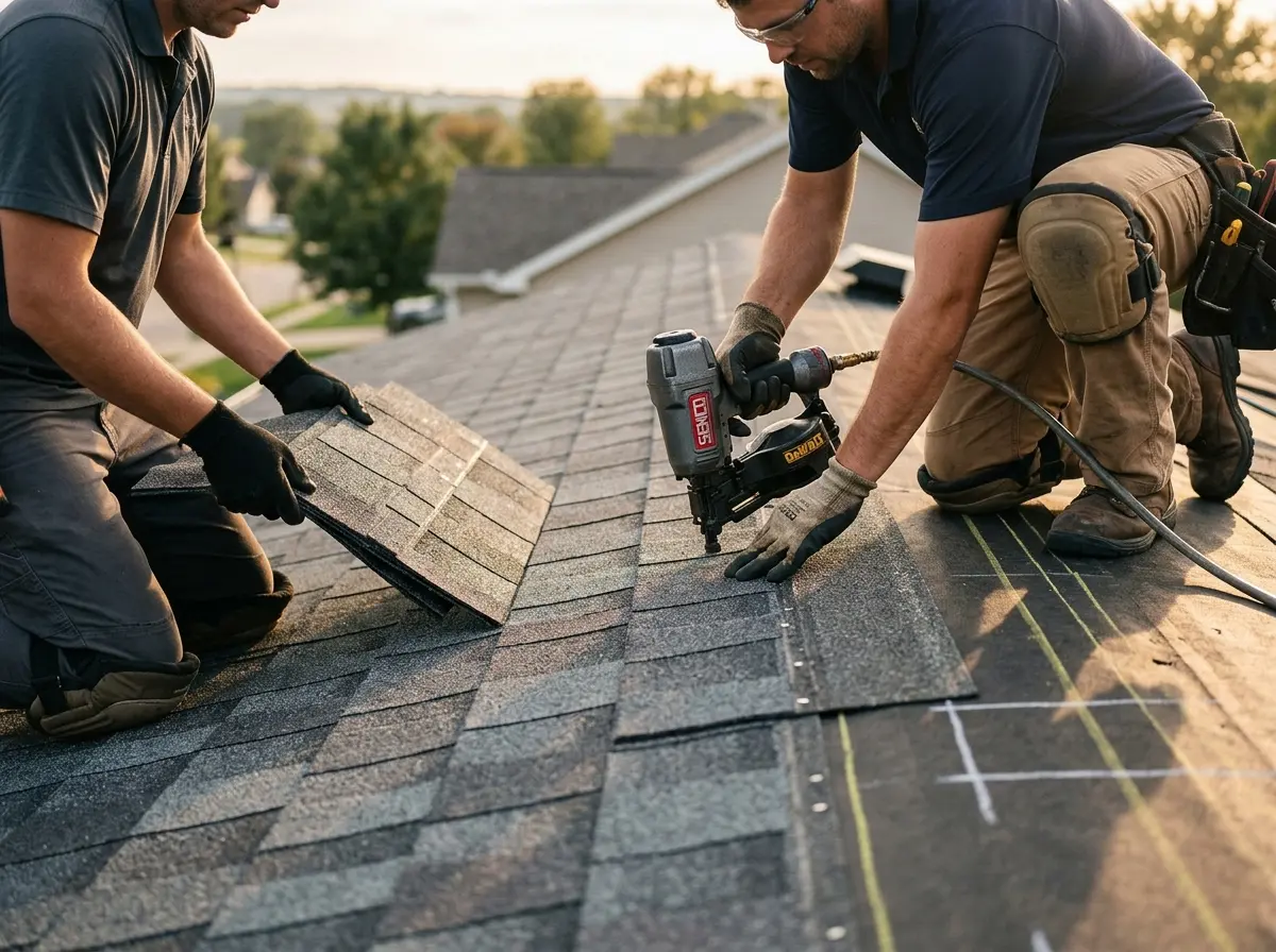 Professional roofer working on a residential roof in Perris
